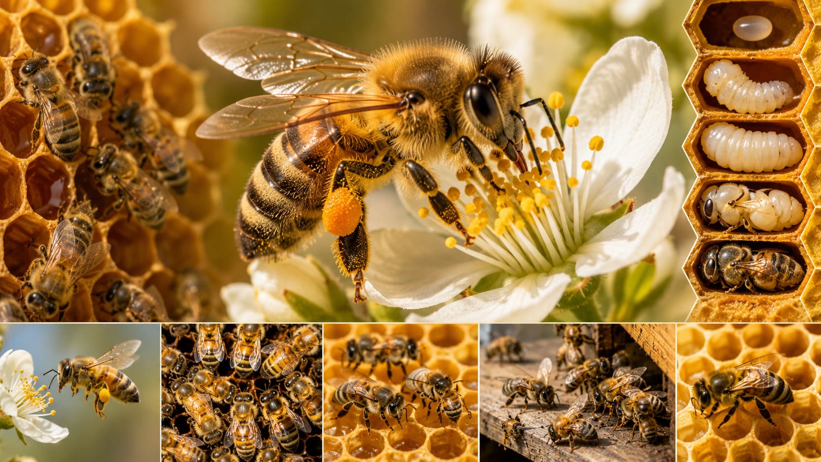 Close-up of honey bees on honeycomb