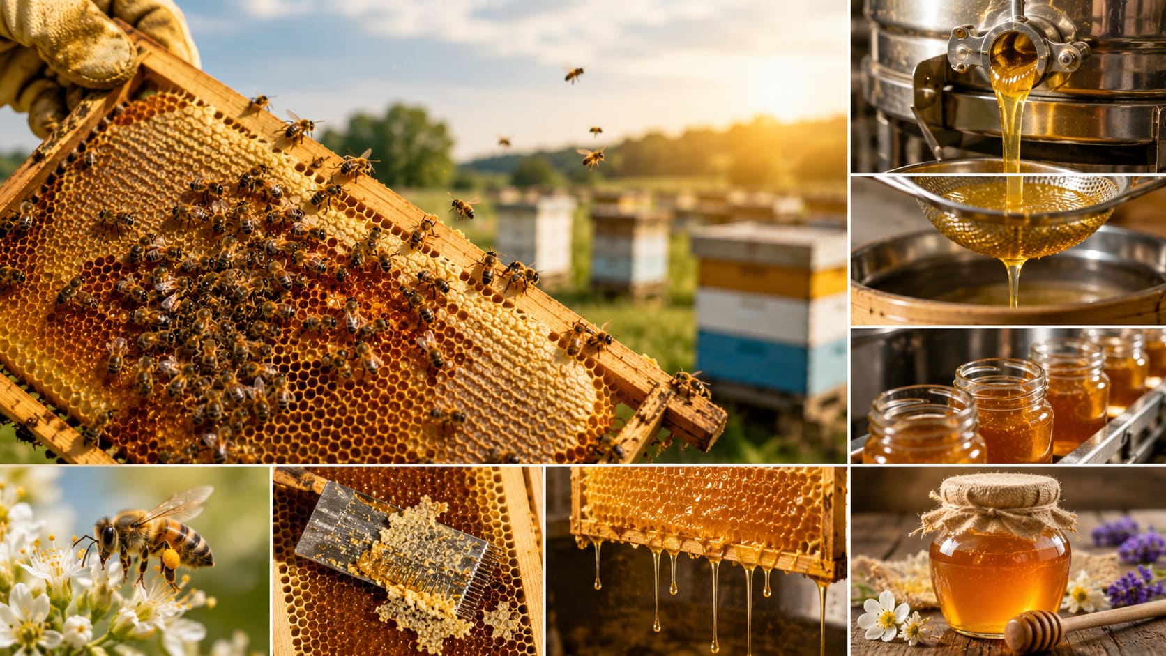 Golden honey flowing into glass jars
