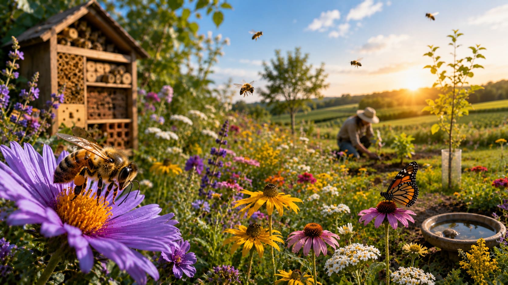 Bumblebee foraging on wildflowers in a restored meadow