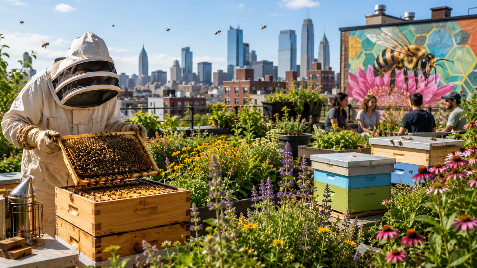 Urban beekeeper on a city rooftop