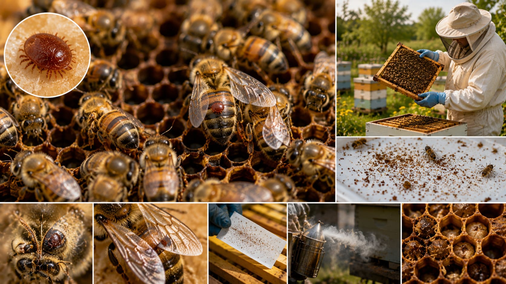 Beekeeper examining a hive frame for Varroa mites
